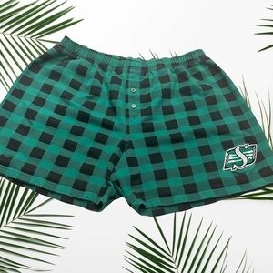 Bulletin Green & Black Men's Athletic Shorts with Saskatchewan Roughrider logo.